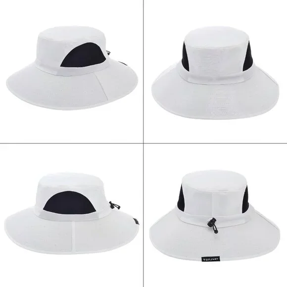 Unisex White 100% Polyester Wide Brim Mesh Vents With Chin Strap Fishing Sun Hat - Picture 7 of 7